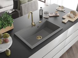 Mexen Elix granite sink single-bowl 800 x 500 mm, gray, gold siphon - 6527801005-71-G