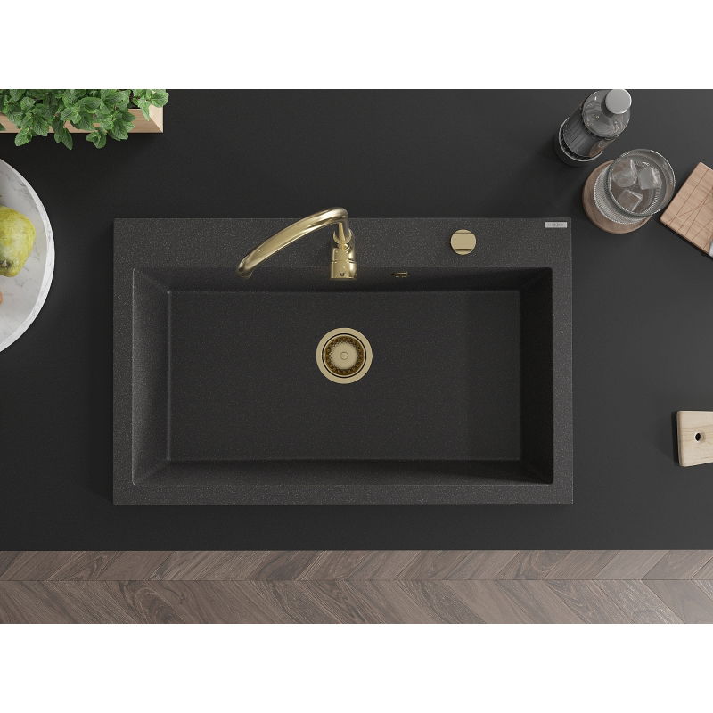 Mexen Elix granite sink 1-bowl 800 x 500 mm, black speckled, golden siphon - 6527801005-76-G