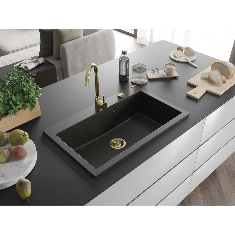 Mexen Elix 1-bowl granite sink 800 x 500 mm, black/gold metallic, gold siphon - 6527801005-75-G