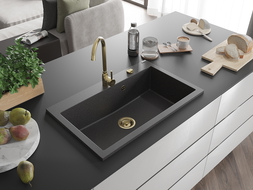 Mexen Elix Granite Sink, 1-Bowl 800 x 500 mm, Black Speckled, Gold Siphon - 6527801005-76-G