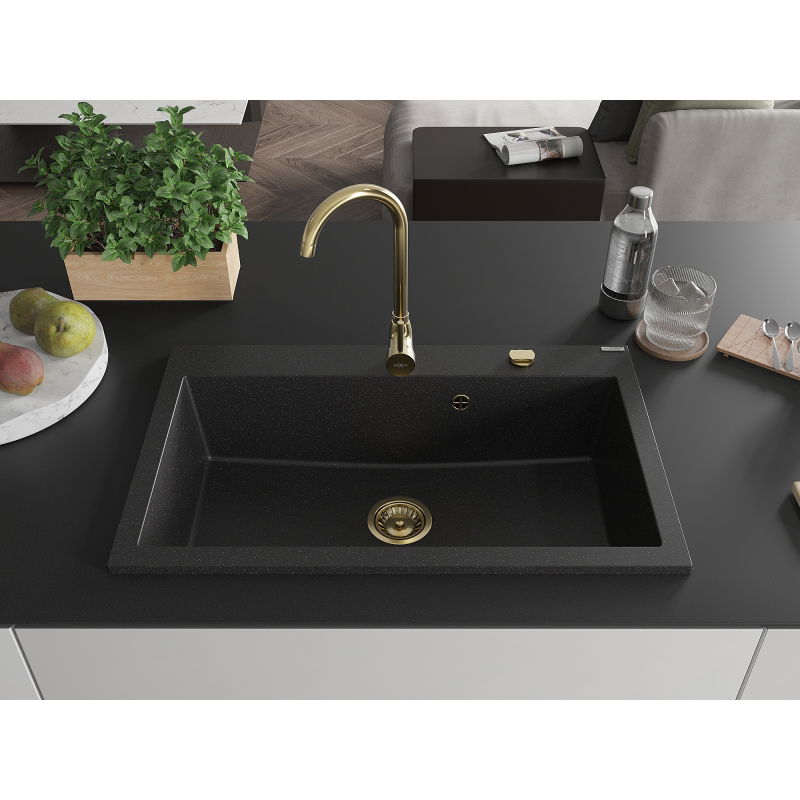 Mexen Elix granite sink 1-bowl 800 x 500 mm, black/silver metallic, gold siphon - 6527801005-73-G