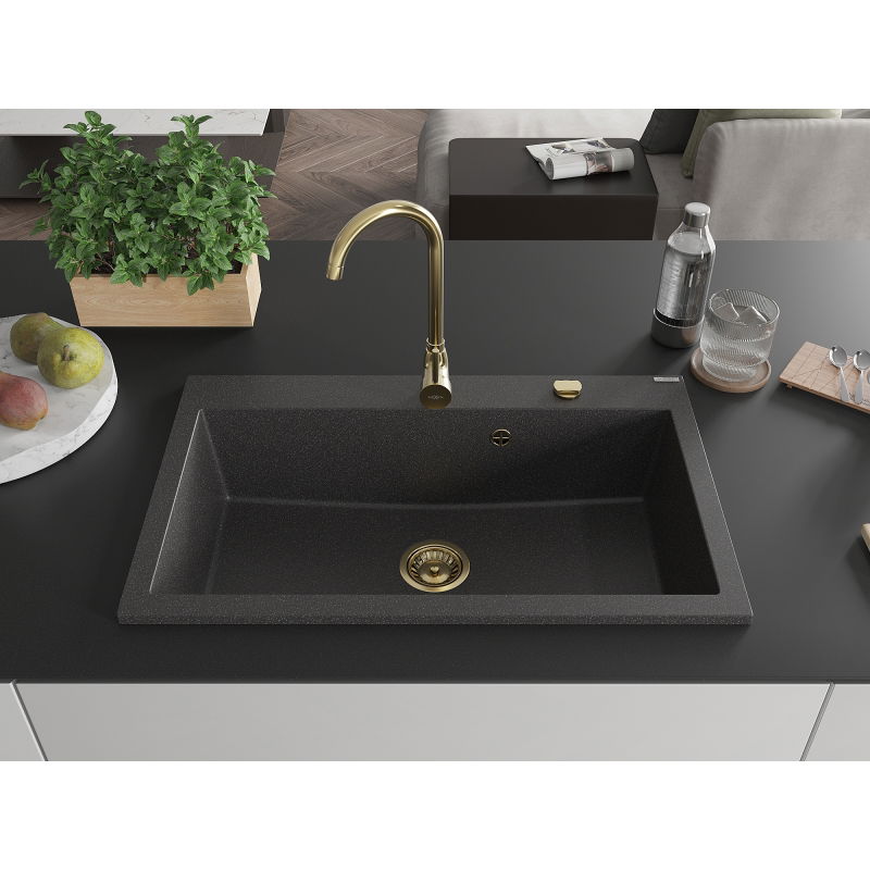 Mexen Elix granite sink 1-bowl 800 x 500 mm, black speckled, golden siphon - 6527801005-76-G