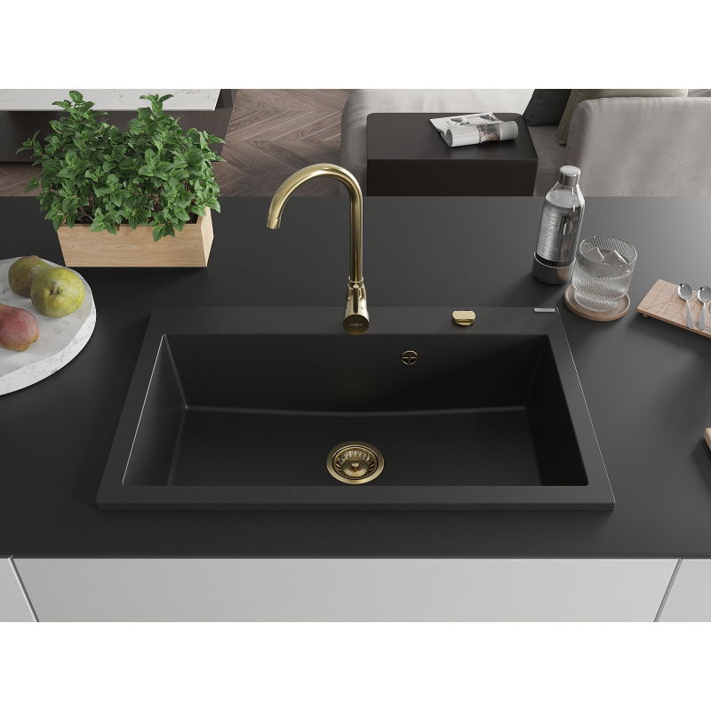Mexen Elix granite sink 1-bowl 800 x 500 mm, black, gold siphon - 6527801005-77-G