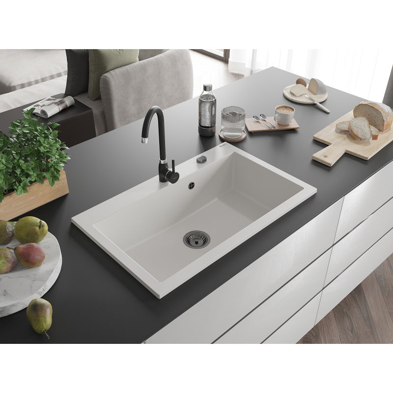 Mexen Elix granite kitchen sink 1-basin 800 x 500 mm, white, black siphon - 6527801005-20-B