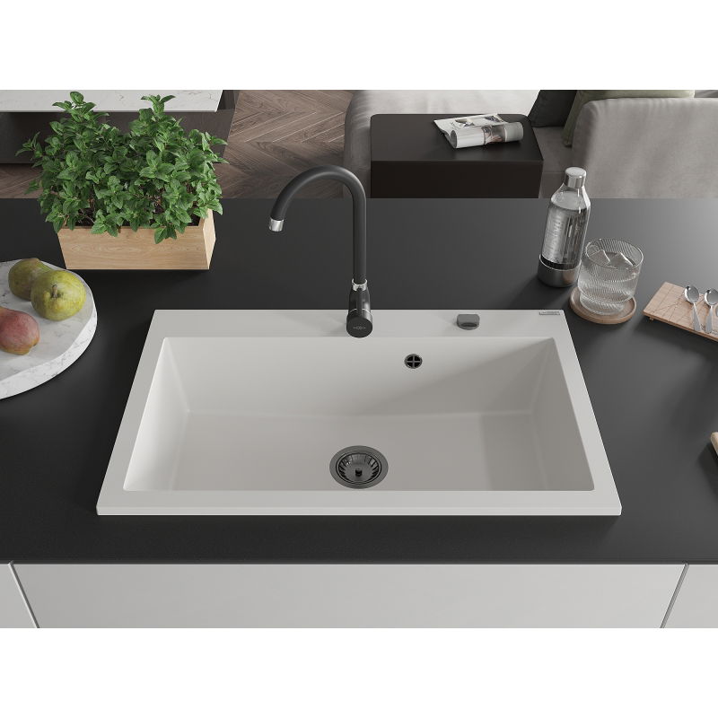 Mexen Elix granite kitchen sink 1-basin 800 x 500 mm, white, black siphon - 6527801005-20-B
