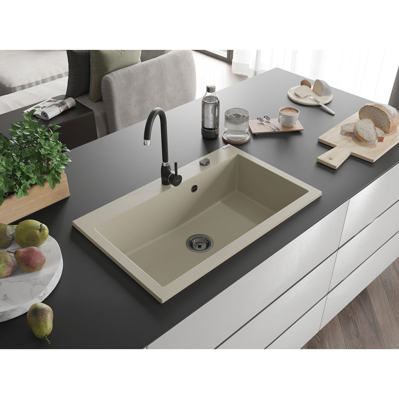 Mexen Elix granite kitchen sink 1-bowl 800 x 500 mm, beige, black siphon - 6527801005-69-B