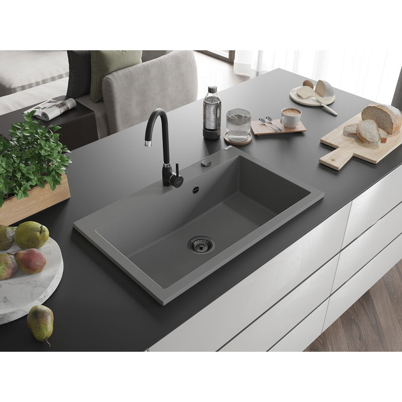 Mexen Elix granite sink 1-bowl 800 x 500 mm, grey, black siphon - 6527801005-71-B