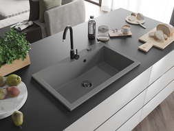 Mexen Elix granite kitchen sink 1-bowl 800 x 500 mm, gray, black siphon - 6527801005-71-B