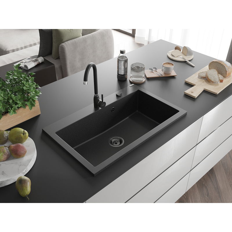 Mexen Elix granite sink 1-bowl 800 x 500 mm, black/silver metallic, black siphon - 6527801005-73-B