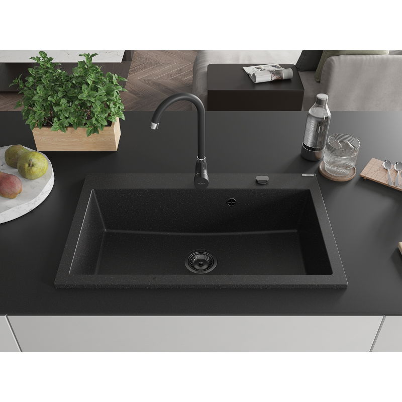 Mexen Elix granite sink 1-bowl 800 x 500 mm, black/silver metallic, black siphon - 6527801005-73-B