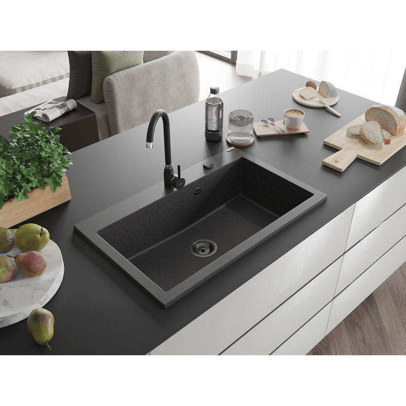 Mexen Elix granite sink 1-bowl 800 x 500 mm, black speckled, black siphon - 6527801005-76-B