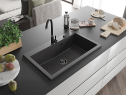 Mexen Elix granite sink 1-bowl 800 x 500 mm, black speckled, black siphon - 6527801005-76-B