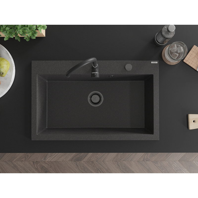 Mexen Elix granite sink 1-bowl 800 x 500 mm, black speckled, black siphon - 6527801005-76-B