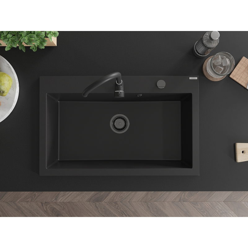 Mexen Elix 1-Bowl Granite Kitchen Sink 800 x 500 mm, Black, Gold Siphon - 6527801005-77-B