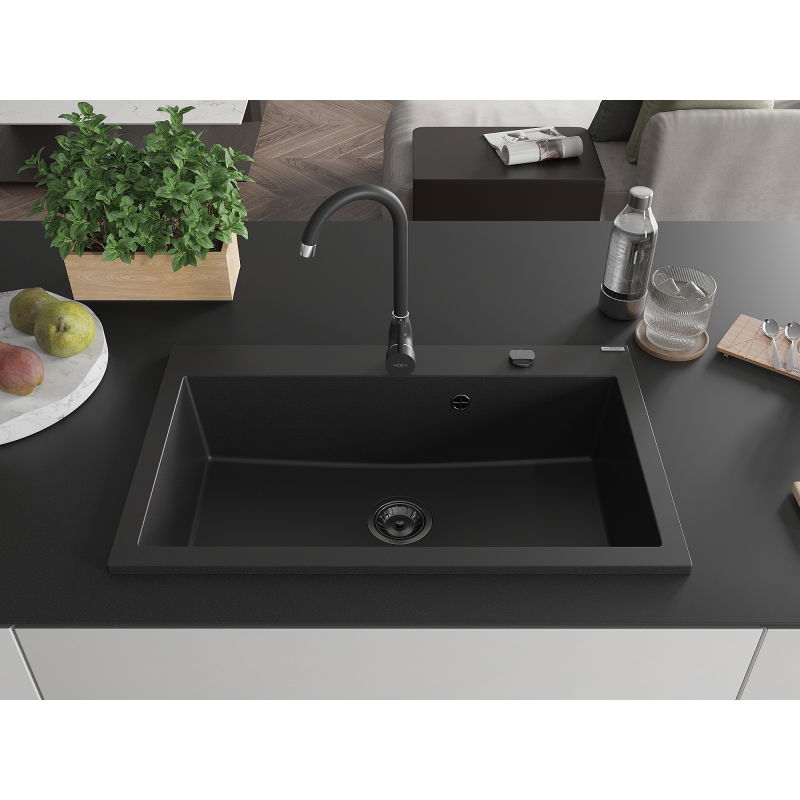 Mexen Elix 1-Bowl Granite Kitchen Sink 800 x 500 mm, Black, Gold Siphon - 6527801005-77-B