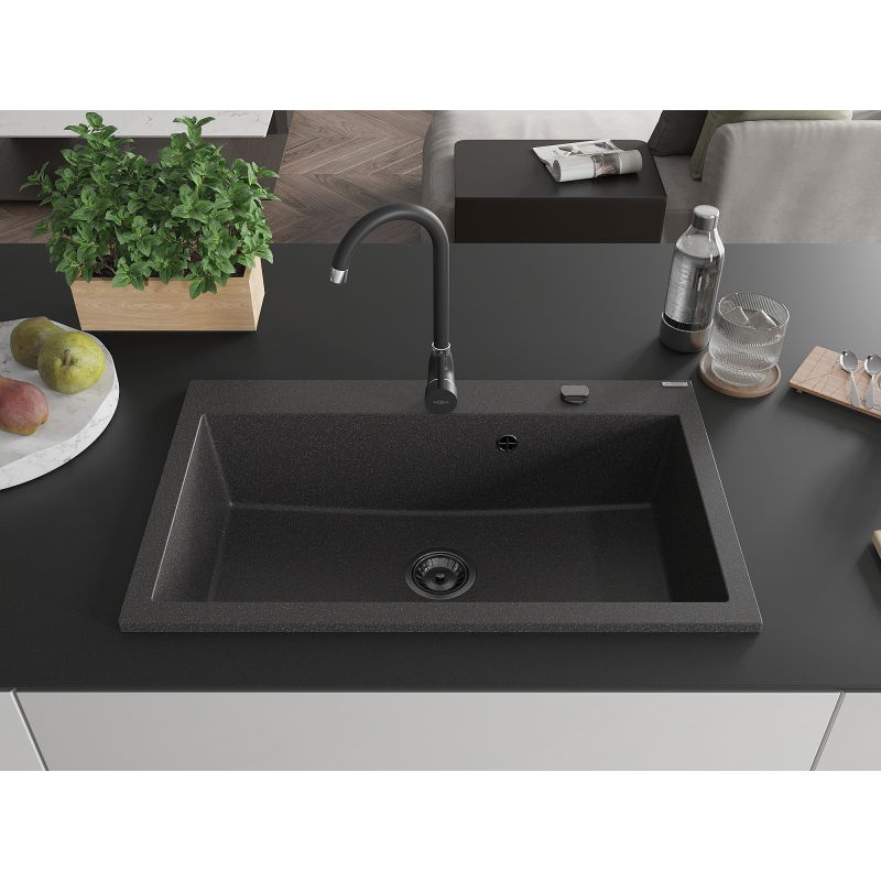 Mexen Elix granite sink 1-bowl 800 x 500 mm, black speckled, black siphon - 6527801005-76-B