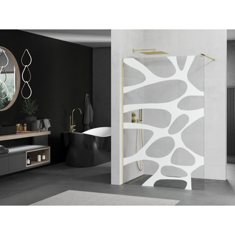 Mexen Kioto Walk-in Shower Wall 100 x 200 cm, White Wave 8 mm, Gold - 800-100-101-50-97