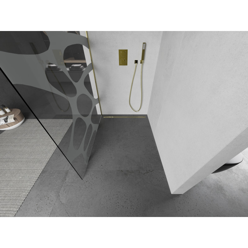 Mexen Kioto Walk-in Shower Wall 140 x 200 cm, White Wave 8 mm, Gold - 800-140-101-50-97