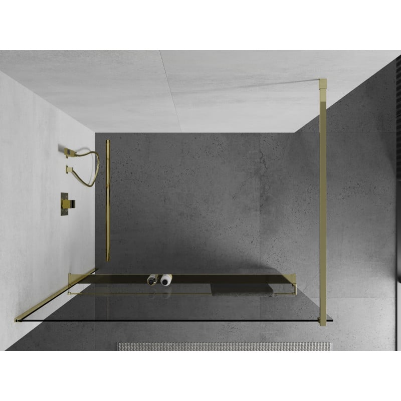 Mexen Kioto+ walk-in shower wall with shelf 80 x 200 cm, transparent, gold - 800-080-121-50-00