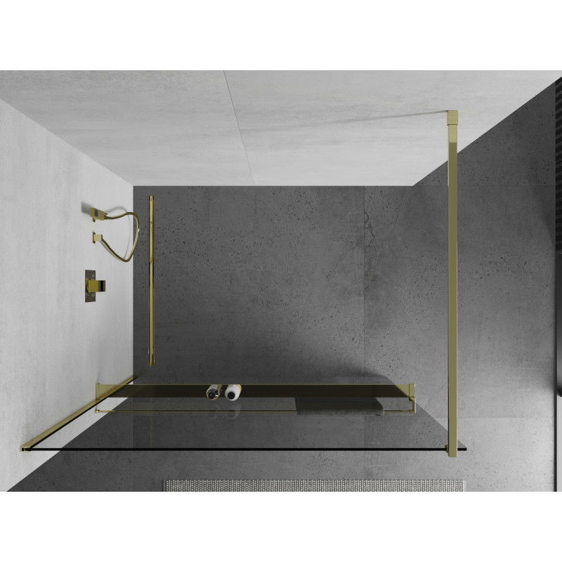 Mexen Kioto+ shower wall with walk-in shelf 100 x 200 cm, transparent, gold - 800-100-121-50-00