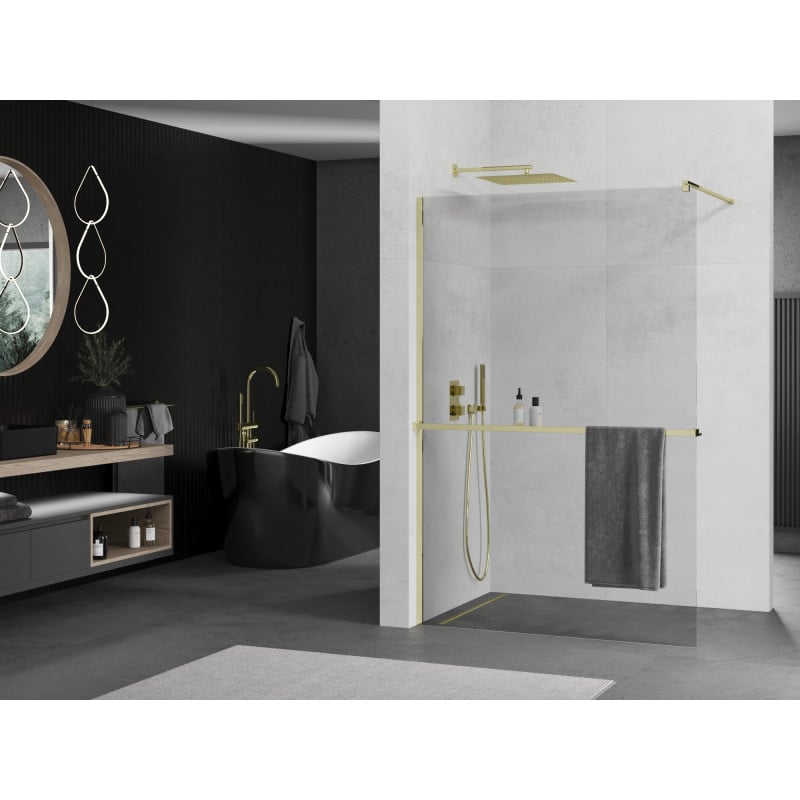 Mexen Kioto+ Walk-in shower wall with shelf 120 x 200 cm, transparent, gold - 800-120-121-50-00