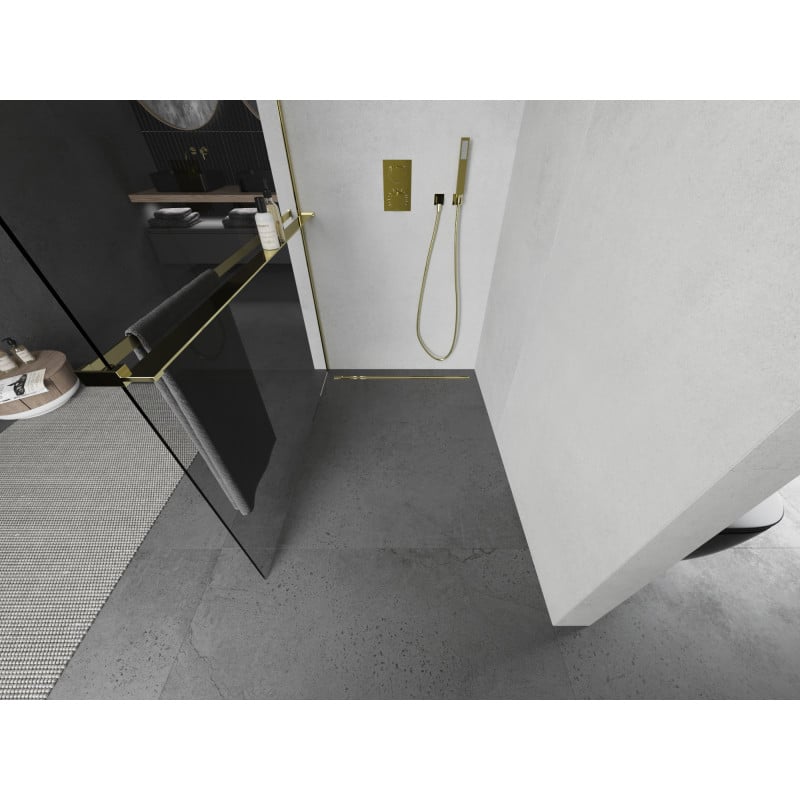 Mexen Kioto+ Walk-in shower wall with shelf 120 x 200 cm, transparent, gold - 800-120-121-50-00