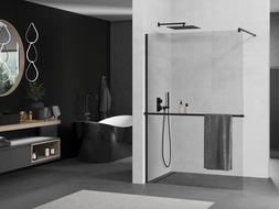 Mexen Kioto+ shower screen with a shelf and rail 100 x 200 cm, Transparent 8 mm, Black - 800-100-121-70-00