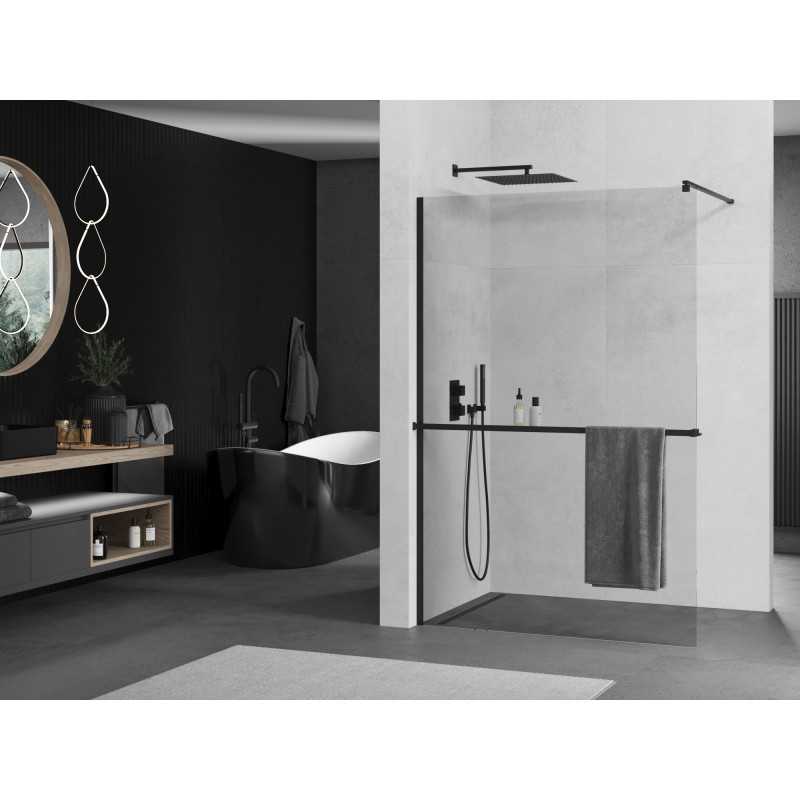 Mexen Kioto+ Shower Wall with Shelf Walk-in 110 x 200 cm, Transparent, Black - 800-110-121-70-00
