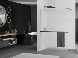 Mexen Kioto+ shower screen with a shelf and rail 100 x 200 cm, Frosted 8 mm, Black - 800-100-121-70-30