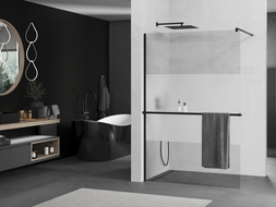 Mexen Kioto+ shower screen with a shelf and rail 100 x 200 cm, Transparent/Frosted 8 mm, Black - 800-100-121-70-35