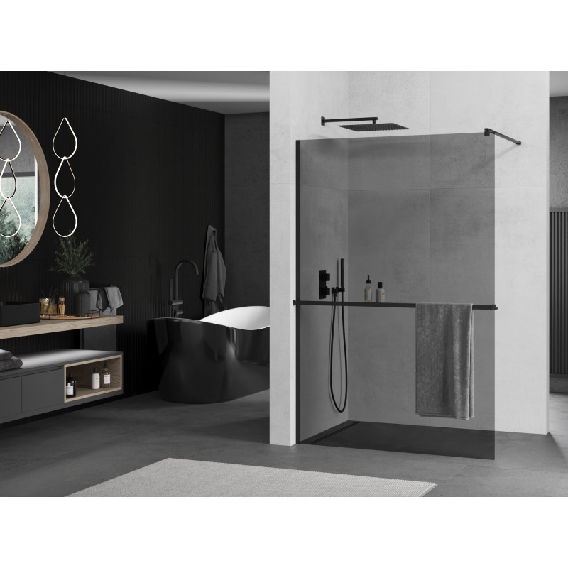 Mexen Kioto+ walk-in shower wall with shelf 100 x 200 cm, graphite, black - 800-100-121-70-40