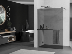 Mexen Kioto+ shower screen with a shelf and rail 100 x 200 cm, Graphite 8 mm, Black - 800-100-121-70-40