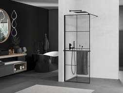 Mexen Kioto+ shower screen with a shelf and rail 80 x 200 cm, Transparent/Black pattern 8 mm, Black - 800-080-121-70-77