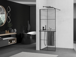 Mexen Kioto+ Walk-in Shower Wall with Shelf 90 x 200 cm, Black Grid, Black - 800-090-121-70-77