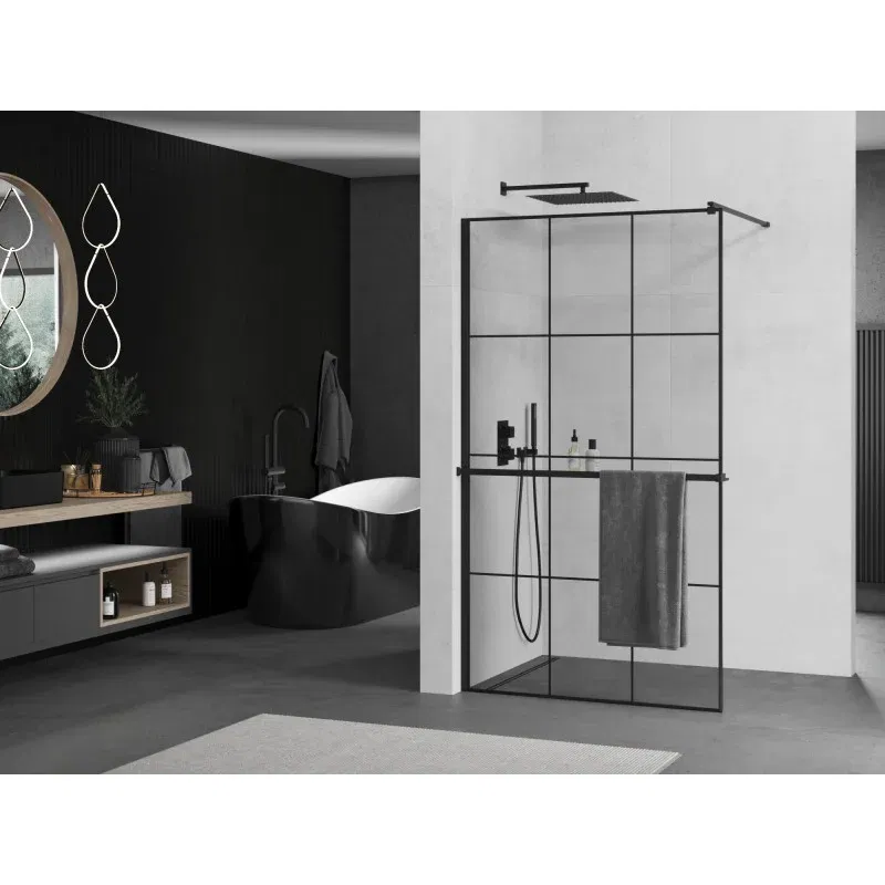 Mexen Kioto+ shower wall with shelf Walk-in 100 x 200 cm, black grid, black - 800-100-121-70-77