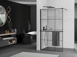 Mexen Kioto+ shower screen with a shelf and rail 100 x 200 cm, Transparent/Black pattern 8 mm, Black - 800-100-121-70-77