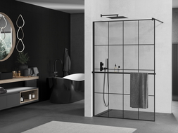 Mexen Kioto+ shower screen with a shelf and rail 140 x 200 cm, Transparent/Black pattern 8 mm, Black - 800-140-121-70-77