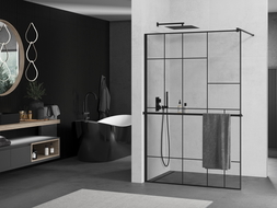 Mexen Kioto+ shower screen with a shelf and rail 120 x 200 cm, Transparent/Black pattern 8 mm, Black - 800-120-121-70-78