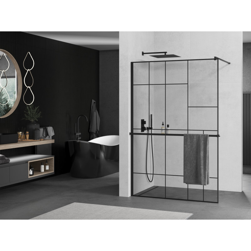 Mexen Kioto+ shower wall with shelf Walk-in 140 x 200 cm, black pattern, black - 800-140-121-70-78