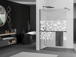 Mexen Kioto+ shower screen with a shelf and rail 70 x 200 cm, Transparent/White pattern 8 mm, Black - 800-070-121-70-85
