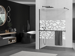 Mexen Kioto+ shower screen with a shelf and rail 80 x 200 cm, Transparent/White pattern 8 mm, Black - 800-080-121-70-85