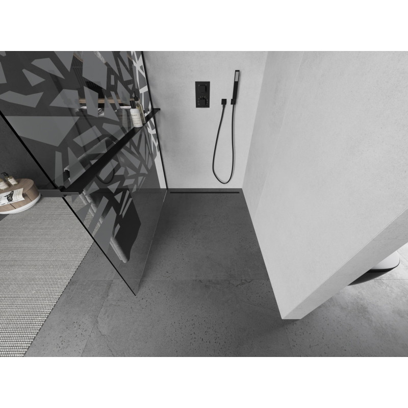 Mexen Kioto+ shower wall with shelf Walk-in 90 x 200 cm, white pattern, black - 800-090-121-70-85