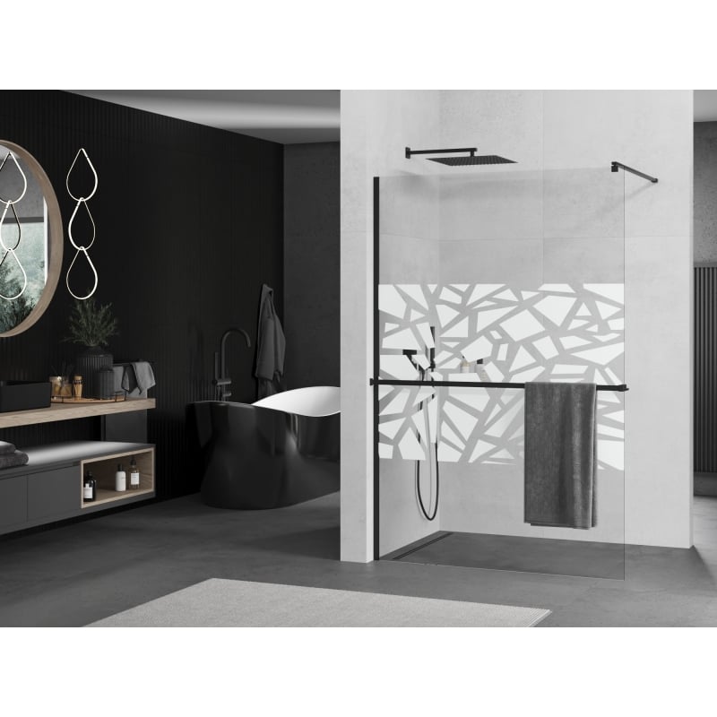 Mexen Kioto+ shower wall with shelf Walk-in 90 x 200 cm, white pattern, black - 800-090-121-70-85