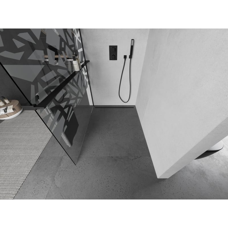Mexen Kioto+ shower wall with shelf Walk-in 100 x 200 cm, white pattern, black - 800-100-121-70-85