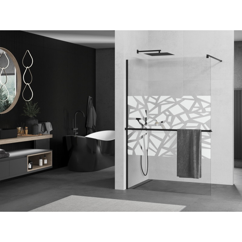Mexen Kioto+ shower wall with shelf Walk-in 110 x 200 cm, white pattern, black - 800-110-121-70-85