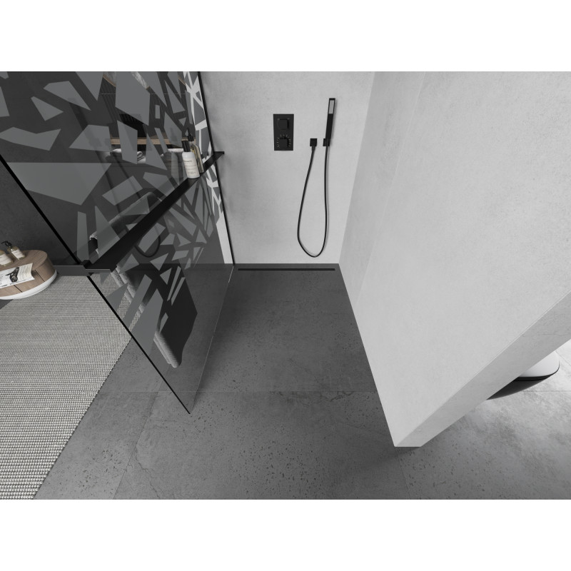 Mexen Kioto+ shower wall with shelf Walk-in 130 x 200 cm, white pattern, black - 800-130-121-70-85