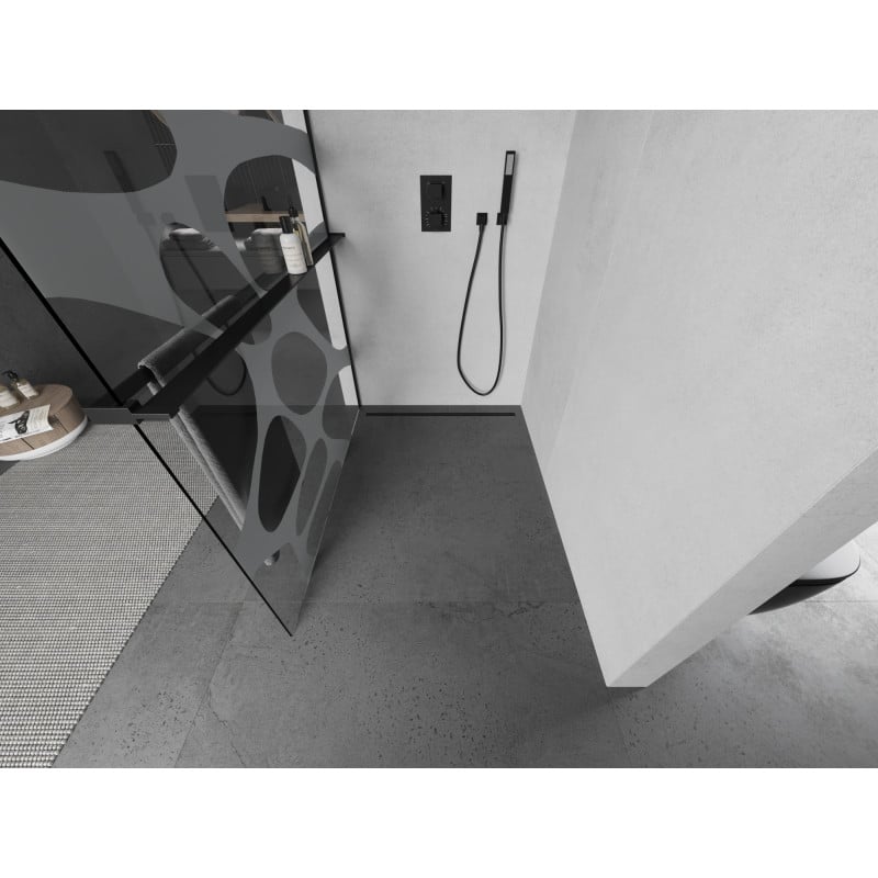 Mexen Kioto+ shower wall with shelf Walk-in 80 x 200 cm, white wave, black - 800-080-121-70-97