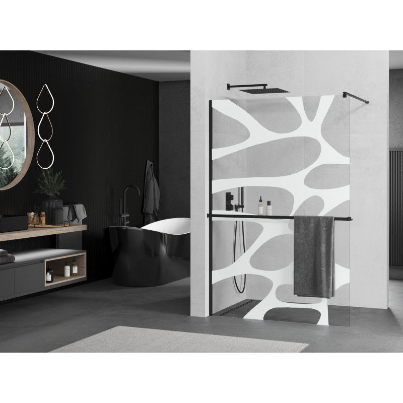 Mexen Kioto+ shower wall with shelf Walk-in 90 x 200 cm, white wave, black - 800-090-121-70-97
