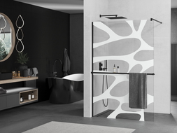 Mexen Kioto+ shower screen with a shelf and rail 110 x 200 cm, Transparent/White pattern 8 mm, Black - 800-110-121-70-97