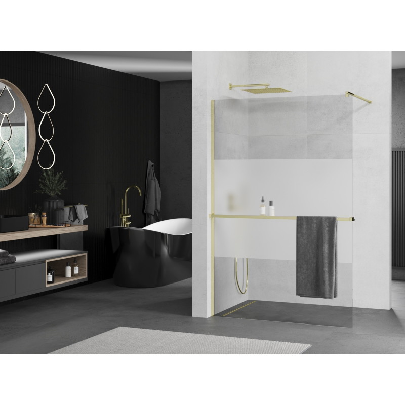 Mexen Kioto+ shower screen with a shelf Walk-in 100 x 200 cm, transparent/frosted, gold - 800-100-121-50-35